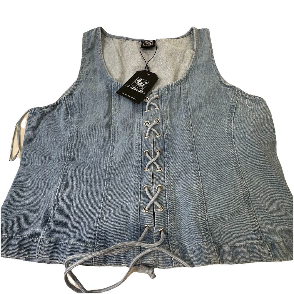 Women's La Armario Top M Blue Lace-Up Denim Sleeveless Tank Corset Style! NewTag